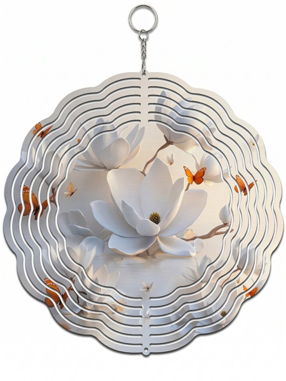 10" Magnolia Butterfly Kinetic Wind Spinner - White Metal Hanging Yard Decor